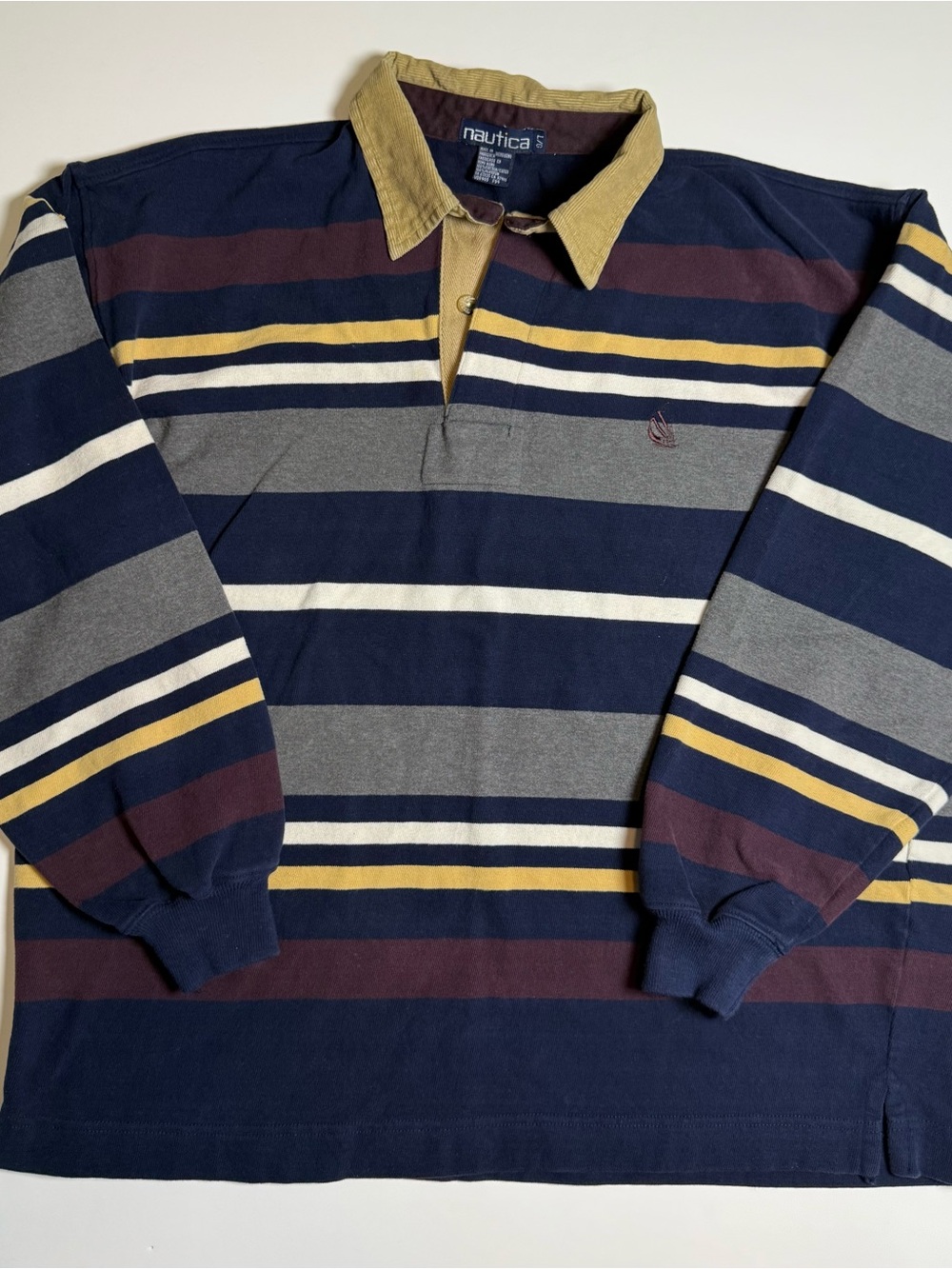 Nautica Men's L Striped Polo Shirt Long Sleeve Corduroy Collar Vintage 90s